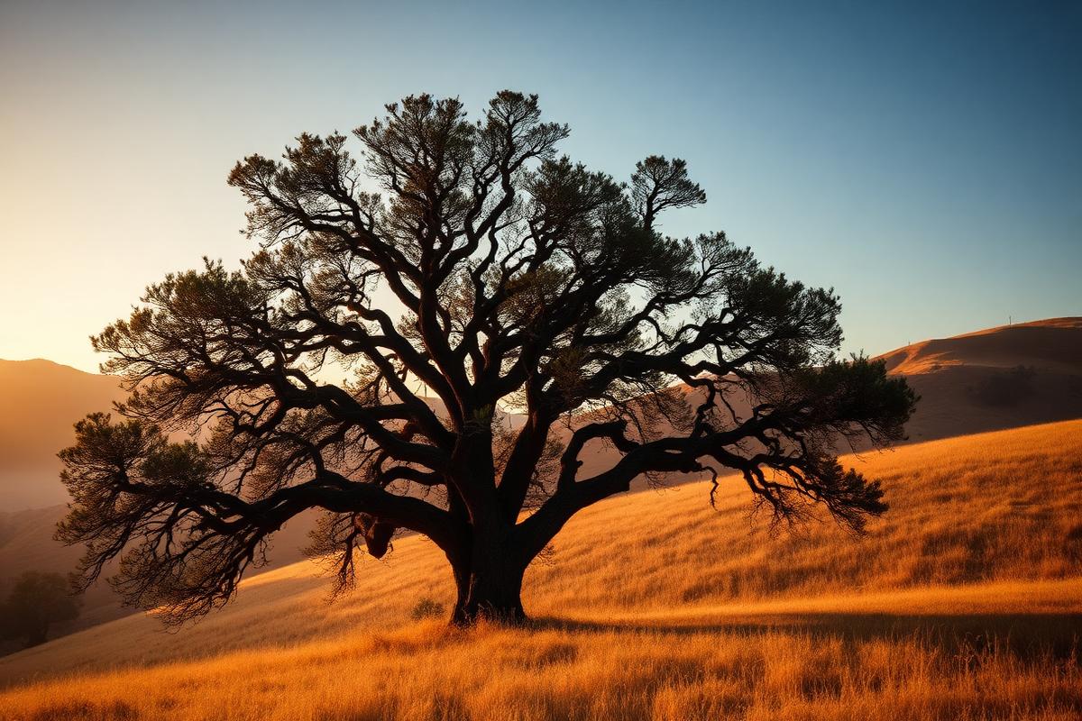 A mature oak tree on a California hillside at sunrise